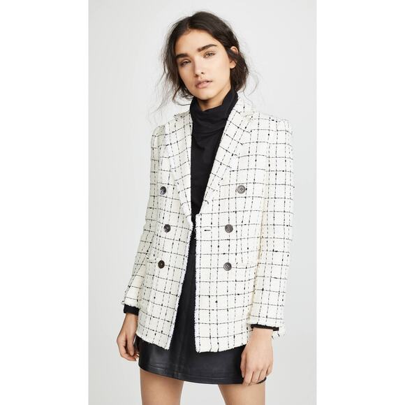 Rebecca‎ Taylor Tweed Blazer Cream Black Plaid Double Breasted Fringe Sz 2 - Picture 1 of 13
